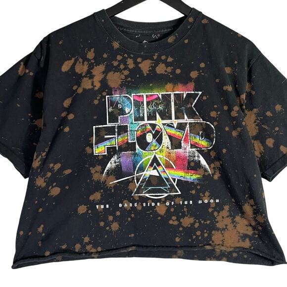 Pink Floyd Bleached Crop Top T-Shirt Dark Side Moon Distressed Band Tee Sz L - Picture 1 of 7